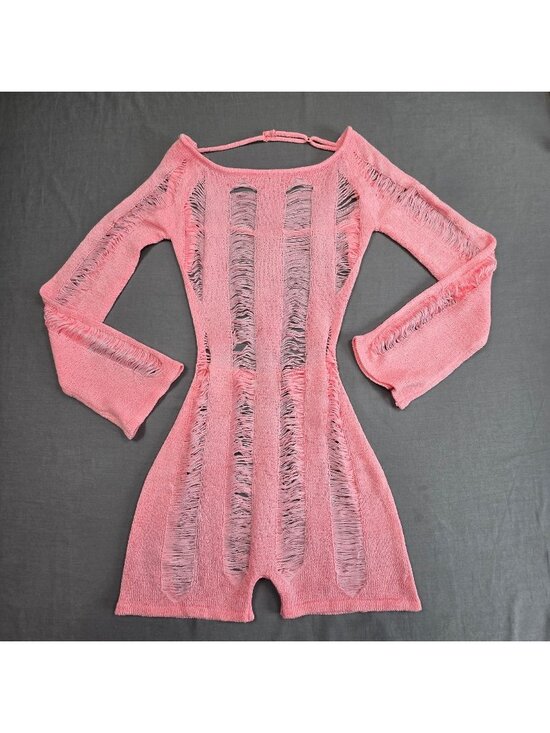 Tic Toc Pants - Tic Toc Small Womens Pink Distressed Knit Long Sleeve Mini Romper Sheer Bodycon